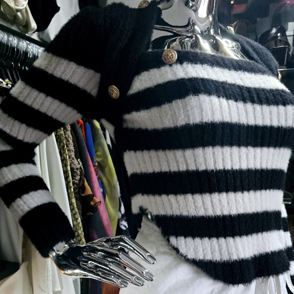Black and White Off-the-Shoulder Striped Sweater